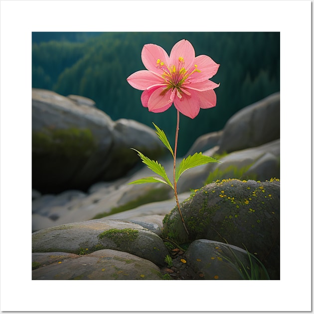 Pink Alpine Flower Growing Out of the Rocks Wall Art by CursedContent